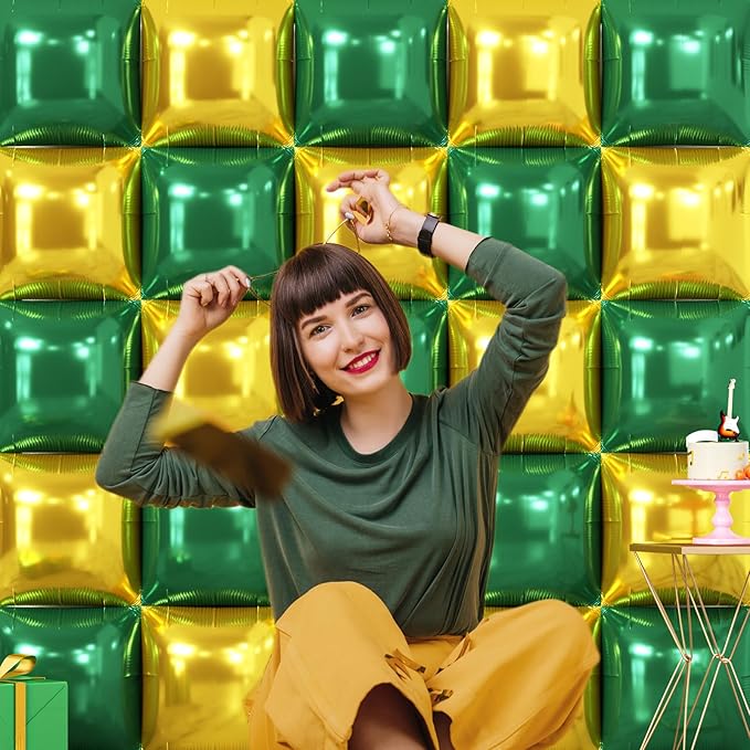 NISOCY 25PCS Christmas Balloons Green Gold Square Foil Balloon Wall Backdrop Double Sided Deep Green Gold Balloons Arch Kit for Birthday New Year Graduation St. Patrick's Day Party Decorations