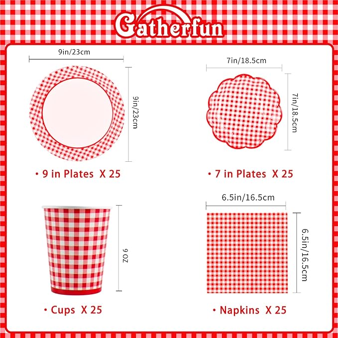 Gatherfun Gingham Red and White Party Supplies Disposable Paper Plates Napkins Cups Knives Spoons Forks Tablecloth Banner for Birthday Party Family Dinner Picnic Barbecue Mother's Day Party, Serve 25