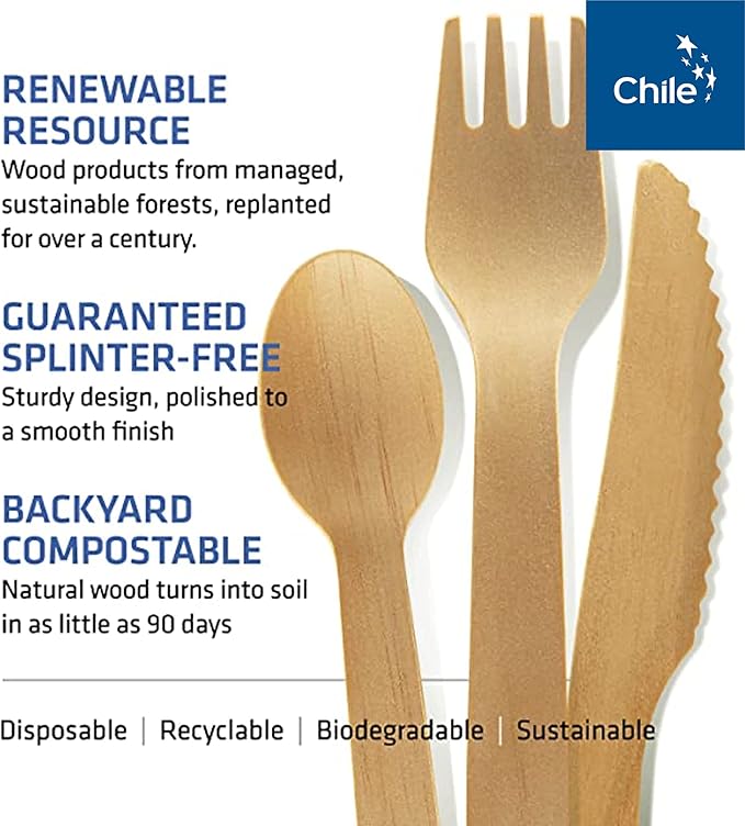 Disposable Wooden Cutlery Set - 100% Home Compostable - 300 Mix (120 Forks, 120 Spoons and 80 Knives) 6.5", Bamboo Utensils Alternative, Eco-Friendly, Organic, Sustainable and Carbon Neutral Certified