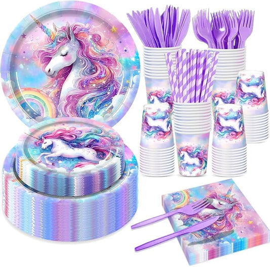168PCS Unicorn Party Supplies Set for 24 Guests, Magical Unicorn Plates, Cups, Napkins, Straws, and Cutlery, Disposable Tableware Set for Birthday, Baby Shower, and Girls’ Party Decorations