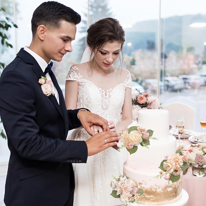 Cake Toppers Flowers,3 Pieces Hand-made Silk Flowers Cake Decorations for Birthday Baby Shower Wedding Valentine's Day Celebration Boho Party Supplies (Champagne)