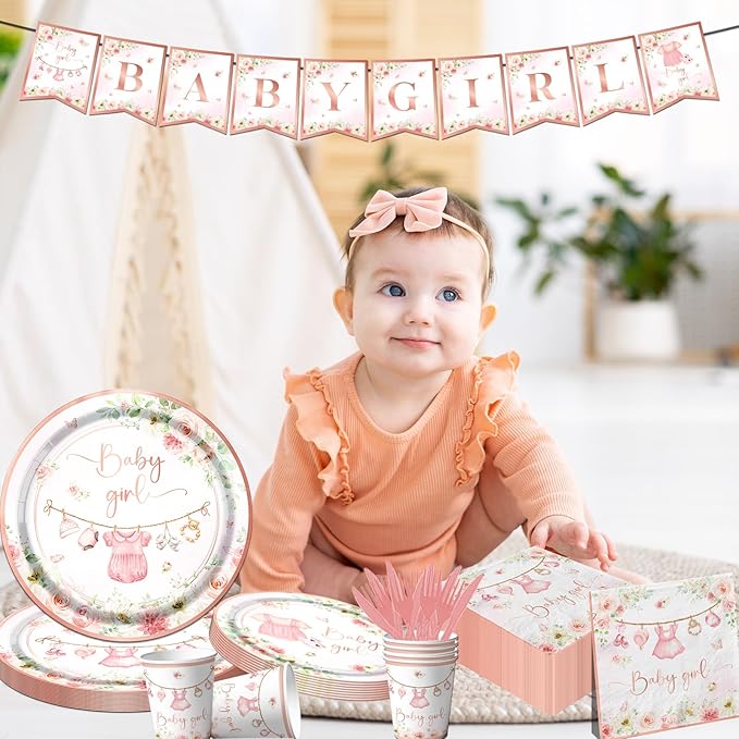 Rose Gold Baby Shower Tableware Set,Pink Girl Baby Shower Plates and Napkins Sets Include Baby Shower Plates Napkins Cups Floral Baby Girl Tablecloth for Girl Baby Shower Gender Reveal Party Supplies