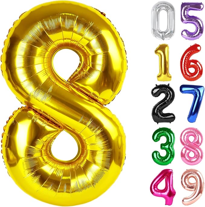 Gold Number 8 Balloon 40 Inch, 8th Birthday Party Decorations for Children, Giant 8 Foil Balloon for Party Supplies