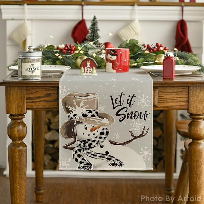 Artoid Mode Grey Snowman Snowflake Let it Snow Winter Table Runner, Seasonal Christmas Kitchen Dining Table Decoration for Home Party Decor 13x60 Inch