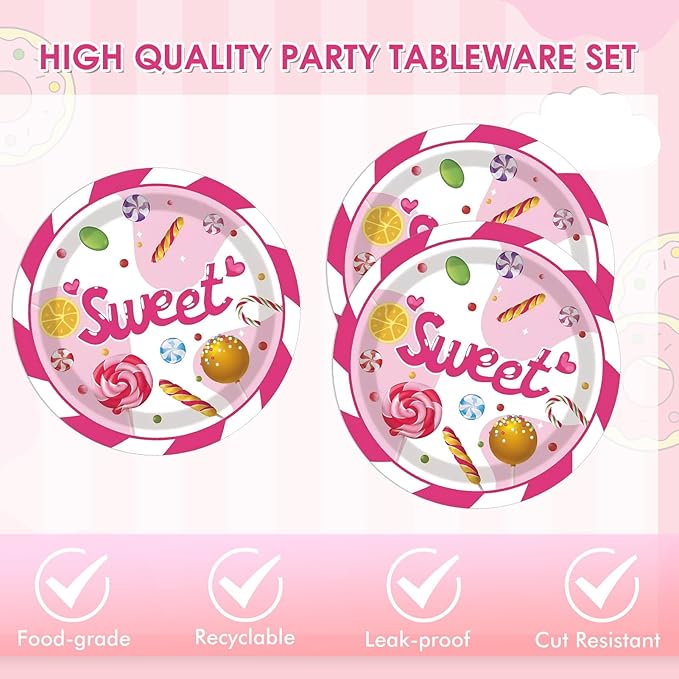 40 Pcs CandyLand Party Decorations Sweet Candy Theme Birthday Party Decorations Disposable Dessert Candy Tableware Paper Plates Napkins for Birthday Baby Shower Sweet Shop Decor