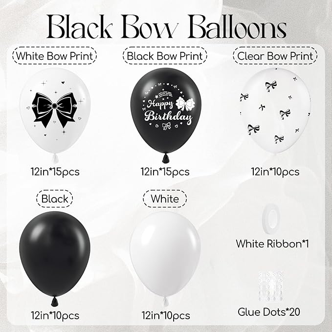 60pcs Black Bow Balloons 12inch with White Black Clear Bow Balloons for Coquette Black and White Birthday Party Decorations