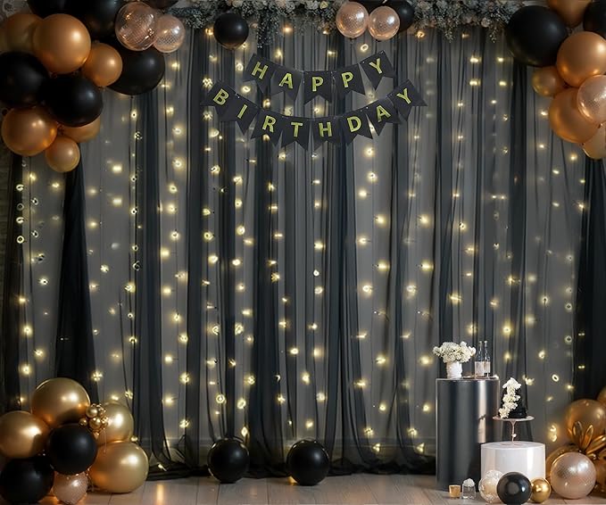 Black Backdrop Curtains with Lights String for Parties Wedding Bridal Shower 10×10ft Sheer Tulle Backdrop Curtain Panels for Baby Shower Birthday Party Photo Shoot Background Wall Decorations
