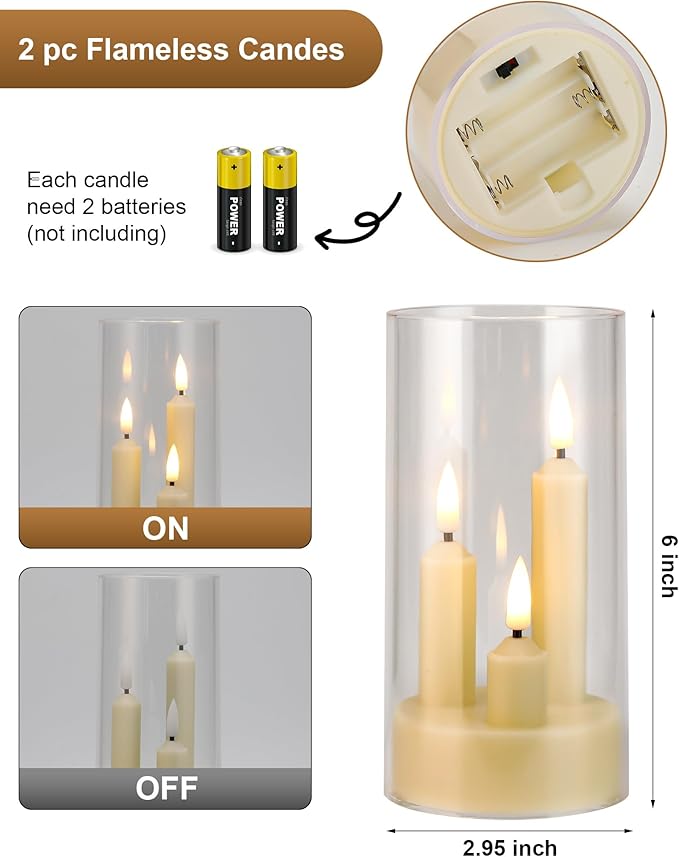 Enido 2 Pc Flameless LED 3-in-1 Taper Candles with Remote & Timer, Battery Operated Acrylic Pillar Set, 3" x 6" Flickering Electric Lights for Cozy Home & Holiday Romantic Decor (Clear)