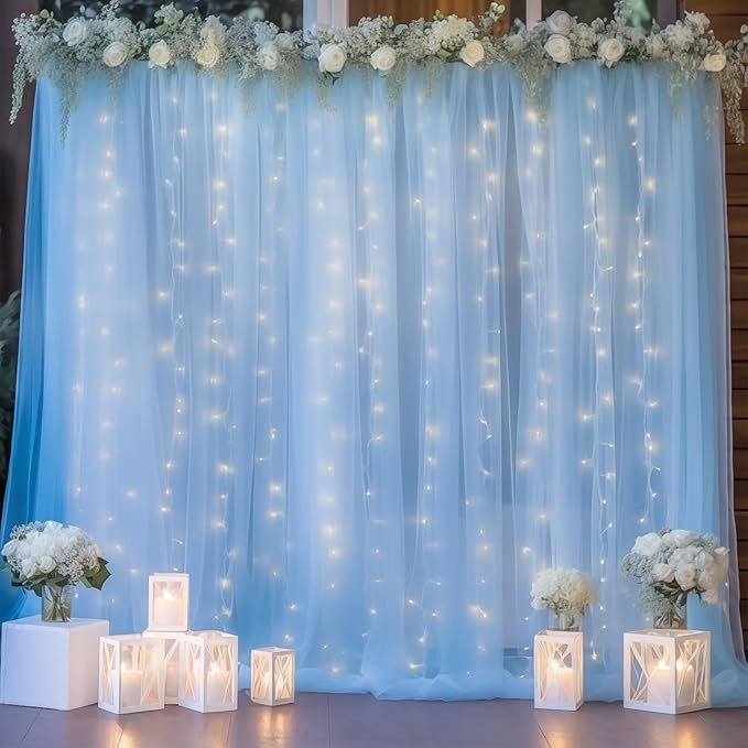 10ft x 10ft Blue Backdrop Curtain with Lights String for Parties, Sheer Tulle Wedding Photo Backdrops Drapes for Baby Shower Birthday Party Decorations Background for Photography