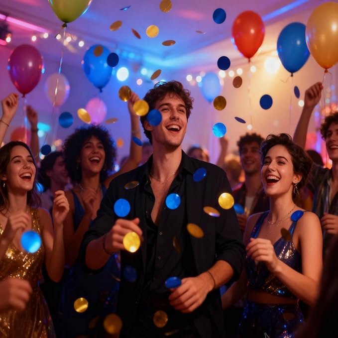 Blue and Gold Circular Foil Confetti Decorations: Party Table Metallic Confetti for Balloon Filling, Wedding, Graduation Party Decorations, 100g per Pack