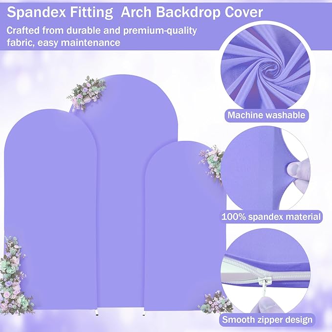 (7.2FT, 6.6FT, 6FT) Wedding Arch Cover Set of 3 Lavender Spandex Fitted Arch Cover for Round Top Chiara Backdrop Stand Covers for Birthday Party Banquet Photo Background Decoration