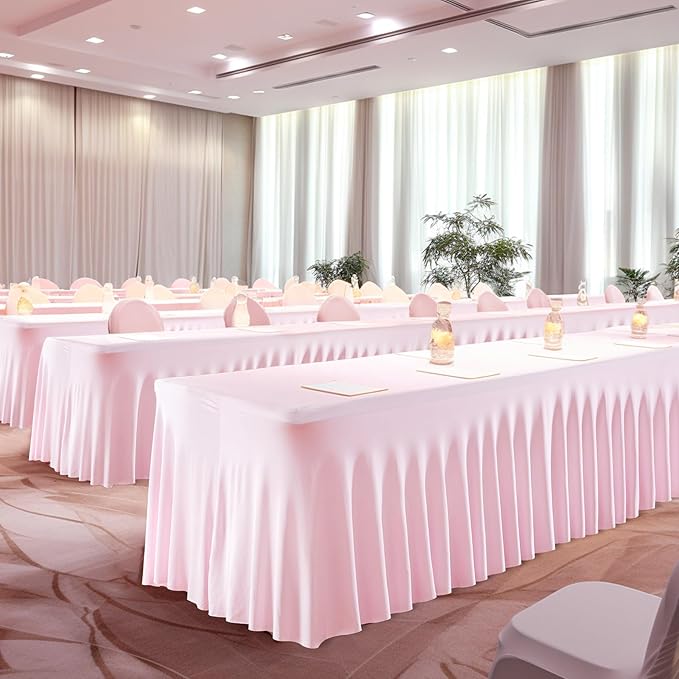 1 Pack Pink Table Clothes for 8 Foot Rectangle Tables, One-Piece Wrinkle Resistant Stretch Spandex Table Covers with Skirt for Event Banquet Wedding Birthday Party