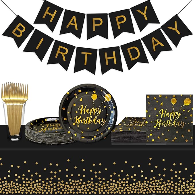 Serves 35 Guests Happy Birthday Paper Plates Party Supplies,7 Inch Black and Gold Happy Birthday Disposable Paper Plates Napkins Forks Tablecloths Banner for Party Decorations