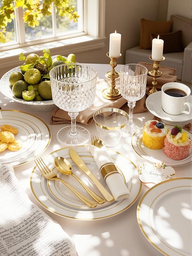 175PCS White and Gold Plastic Plates - Thanksgiving Plates with Rolled Napkins for Party - 25Guest Disposable Dinnerware Sets for Party/Thanksgiving/Wedding