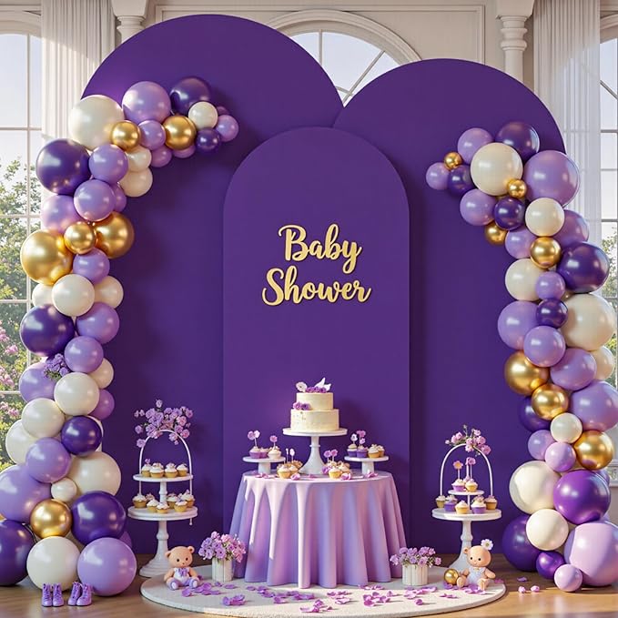 (7.2FT, 6.6FT, 6FT) Wedding Arch Cover Set of 3 Puple Spandex Fitted Arch Cover for Round Top Chiara Backdrop Stand Covers for Birthday Party Banquet Photo Background Decoration