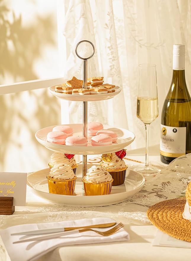 Sweese 3 Tier Cupcake Stand- White Porcelain Cake Stand- Dessert Stand, Tiered Serving Trays for Parties