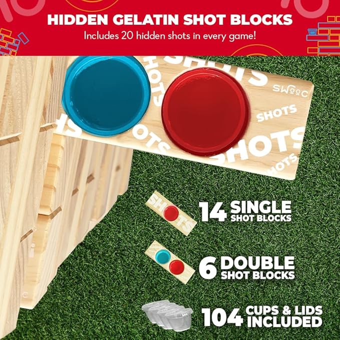SWOOC Games - Giant Tower Party Game with Hidden Jello Shots - Includes Disposable Cups, Lids & Carrying Case - Stacks up to 5ft - Tipsy Topple Game for Adults - Giant Outdoor Games - Jumbo Bar Fun