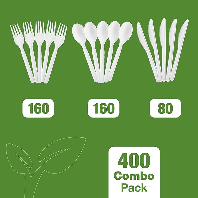 100% Compostable PLA Combo Cutlery Set Disposable Plastic Forks Spoons Knives 400 Pcs Biodegradable Utensils
