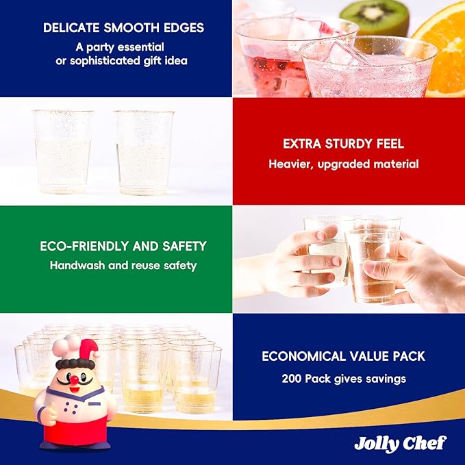 JOLLY CHEF 14 oz 200 Pack Gold Plastic Cups, Gold Glitter Heavy-Duty Disposable Cups Party Cups Tumblers, Ideal for Thanksgiving Wedding & Party