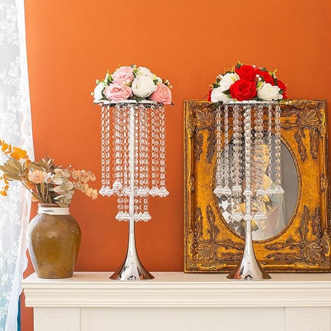 2Pcs 21.88" Height Elegant Centerpieces with Chandelier Crystals Metal Vase Silver Flower Stand for Table Wedding Centerpieces Decorations, Christmas,Event, Home, Party