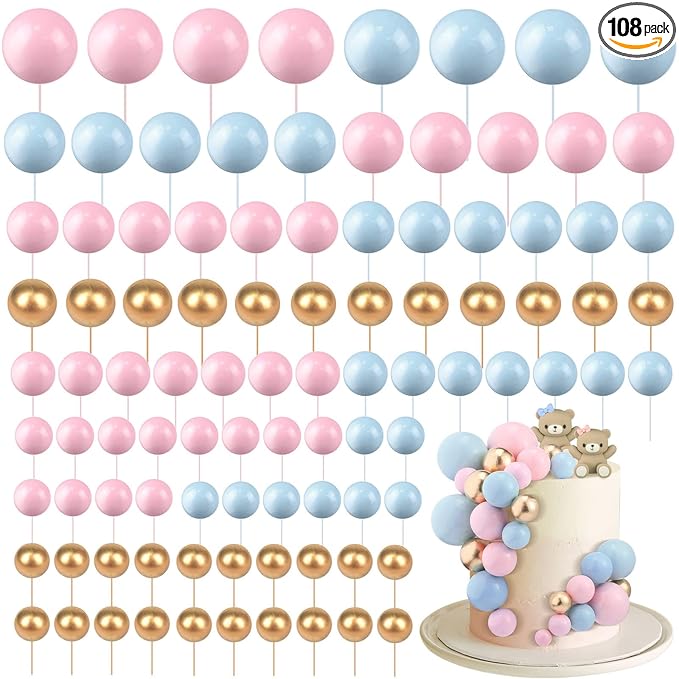 108 Pcs Balls Cake Topper DIY Cupcake Insert Foam Balloons for Cake Baking Wedding Anniversary Birthday Decoration(Pink, Blue, Gold,Multi Sizes)