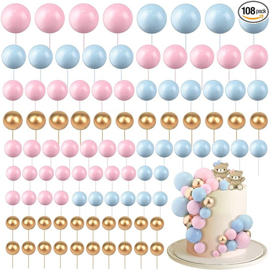 108 Pcs Balls Cake Topper DIY Cupcake Insert Foam Balloons for Cake Baking Wedding Anniversary Birthday Decoration(Pink, Blue, Gold,Multi Sizes)