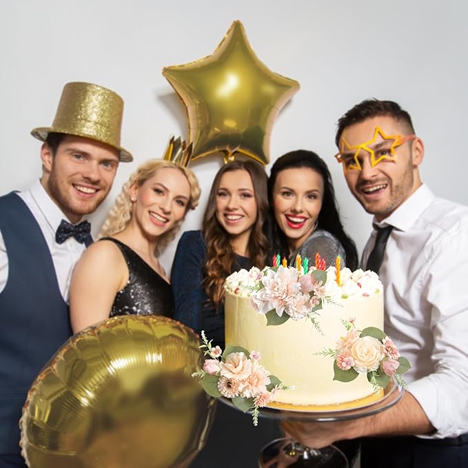 Cake Toppers Flowers,3 Pieces Hand-made Silk Flowers Cake Decorations for Birthday Baby Shower Wedding Valentine's Day Celebration Boho Party Supplies (Champagne)