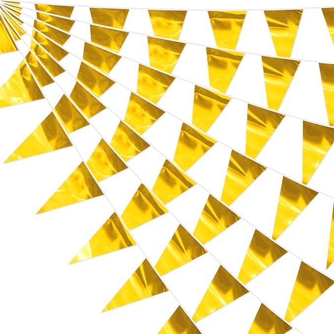 65FT Gold Glitter Triangle Pennant Banner Flag Metallic Bunting Fabric Garland for Christmas Graduation Wedding Engagement Anniversary Bachelorette Birthday Bridal Shower Valentine's Party Supplies