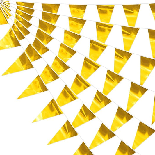 65FT Gold Glitter Triangle Pennant Banner Flag Metallic Bunting Fabric Garland for Christmas Graduation Wedding Engagement Anniversary Bachelorette Birthday Bridal Shower Valentine's Party Supplies