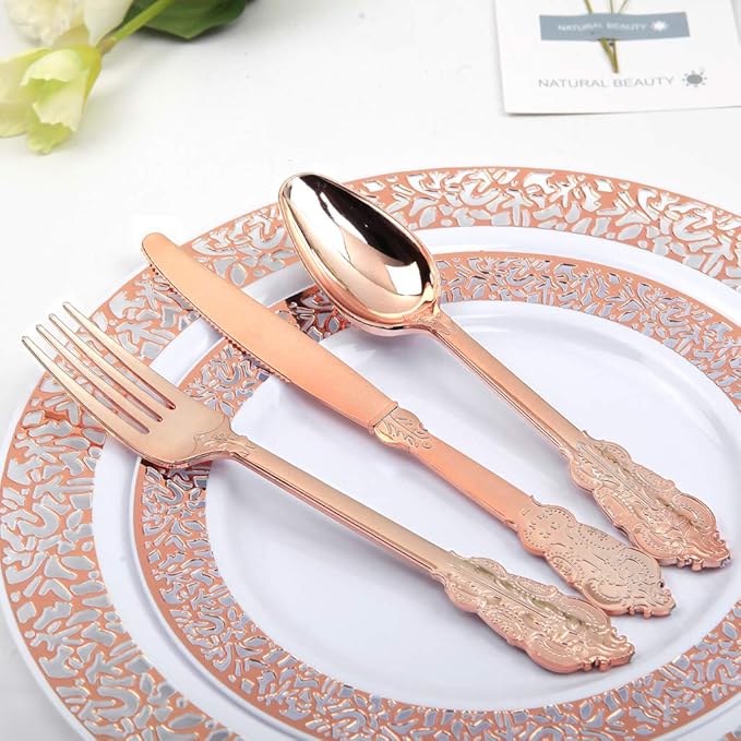 WDF-300 Pieces Rose Gold Plastic Silverware- Disposable Flatware -Heavyweight Plastic Cutlery- Includes 100 Forks, 100 Spoons, 100 Knives for Wedding& Parties