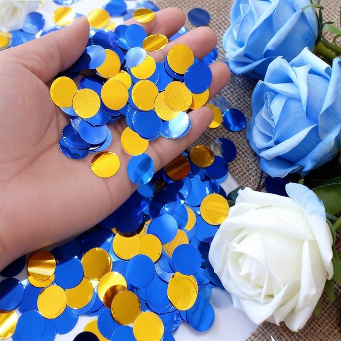 Blue and Gold Circular Foil Confetti Decorations: Party Table Metallic Confetti for Balloon Filling, Wedding, Graduation Party Decorations, 100g per Pack