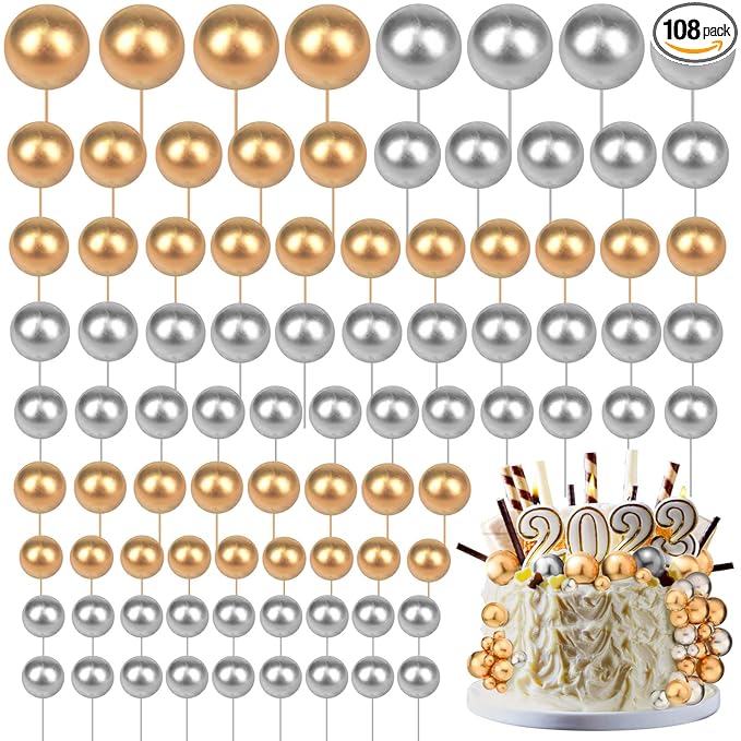 108 Pcs Balls Cake Topper DIY Cupcake Insert Foam Balloons for Cake Baking Wedding Anniversary Birthday Decoration(Gold, Silver,Multi Sizes)