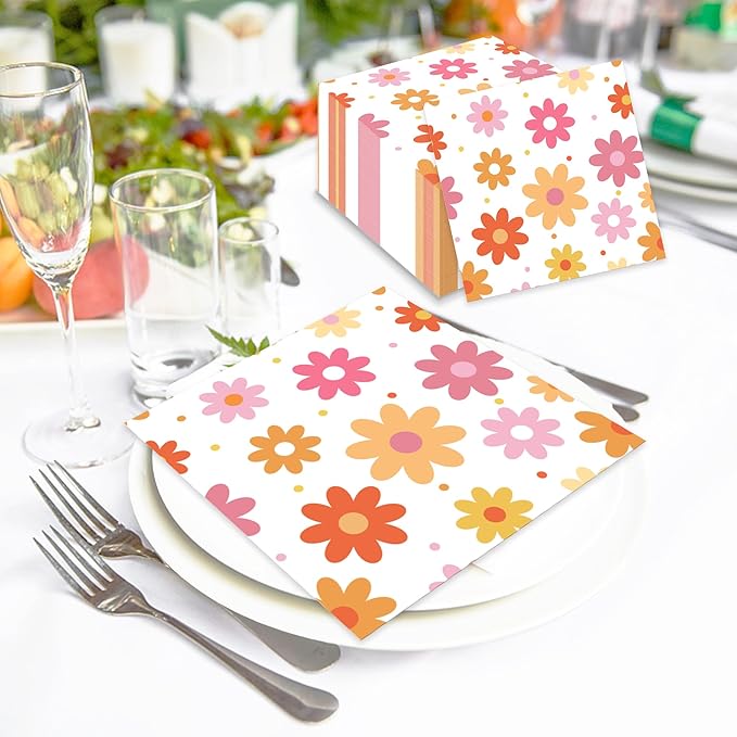 60 PCS Daisy Paper Napkins Groovy Daisy Boho Dinner Napkins Disposable Flower Decorative Party Napkin for Baby Shower Birthday Wedding Seasonal Holiday Party Supplies