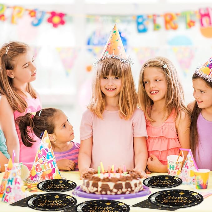 9 Inch Birthday Plates and Napkins, Black and Gold Balloons Dessert plates Disposable Party Supplies 40PCS Cake Paper Plates Tableware for Birthday Party Decorations