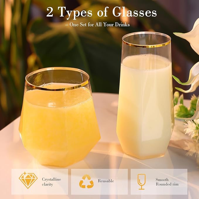 48 Pack Plastic Glasses – 24 x 9oz Stemless Champagne Flutes & 24 x 12oz Stemless Wine Glasses – Elegant Disposable Shatterproof Cup – BPA-Free Drinkware for Weddings, Parties (Gold Rim Diamond)