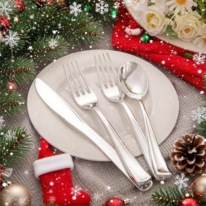 Liacere 100 Pack Silver Plastic Silverware-Pre Wrapped cutlery and Napkin-Pre Rolled Silverware Disposable 100 Forks, 100 Knives 100 Spoons, 100 Napkins Plastic Utensils＆Father's Day＆Independence Day