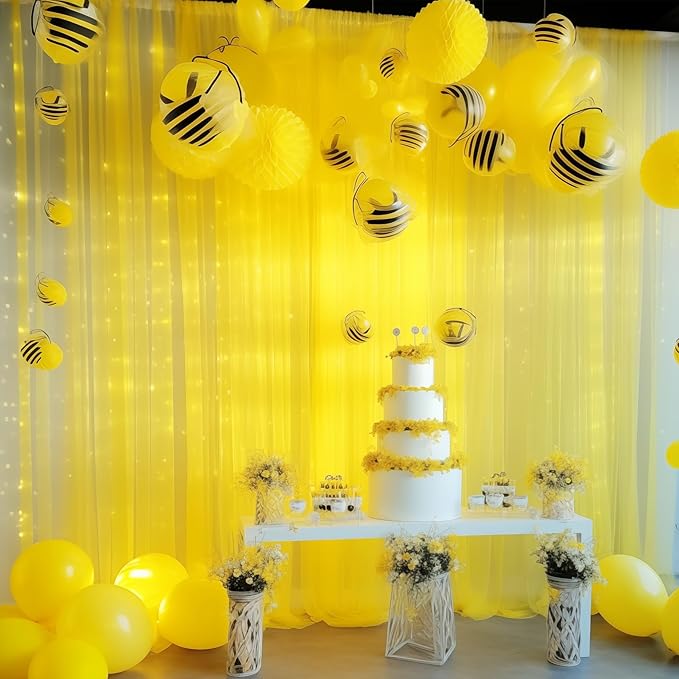 10ft x 10ft Yellow Backdrop Curtain with Lights String for Parties, Sheer Tulle Wedding Photo Backdrops Drapes for Baby Shower Birthday Party Decorations Background for Photography