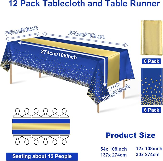12Pack Disposable Plastic Tablecloths and Satin Table Runner Set Blue and Gold Dot Tablecloth Gold Satin Table Runner for Wedding Birthday Baby Shower Anniversary Christmas New Year Party Decorations