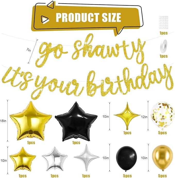 Gold Go Shawty It's Your Birthday Banner Balloons Set, Glitter Happy Birthday Banner with Black Gold Confetti Balloon Star Foil Balloon for Man Women Hip Hop Rap Theme Birthday Party Decorations