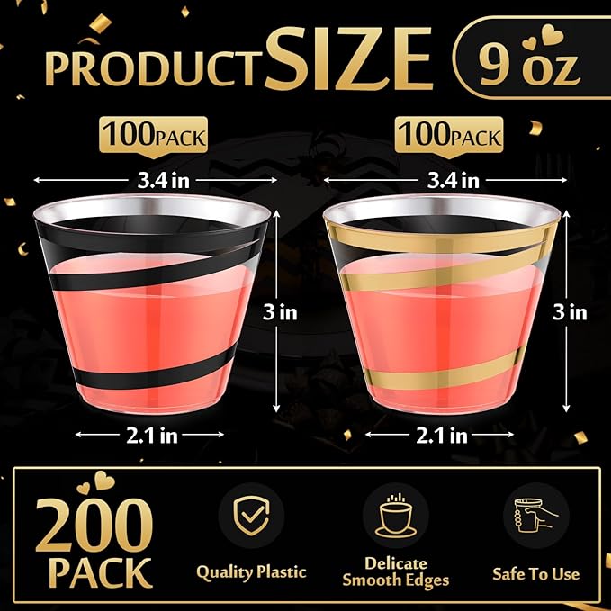 Gejoy 9 oz Rimmed Swirl Plastic Cups Disposable Wine Drinking Cups Clear Elegant Halloween Tumblers for Christmas Party Supplies(Black, Gold,200 Pcs)