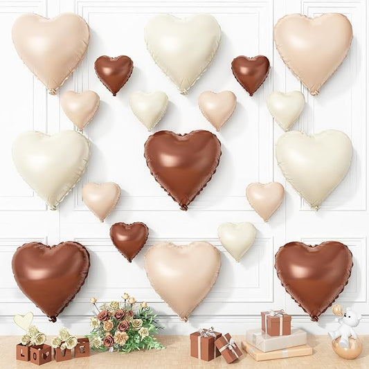 Cream Brown Heart Balloons, 19PCS Brown Apricot Heart Shape Balloon, 18Inch with 10Inch Cream Beige Coffee Helium Nude Neutral Love Balloon for Girls Boho Birthday Baby Shower Wedding Decoration