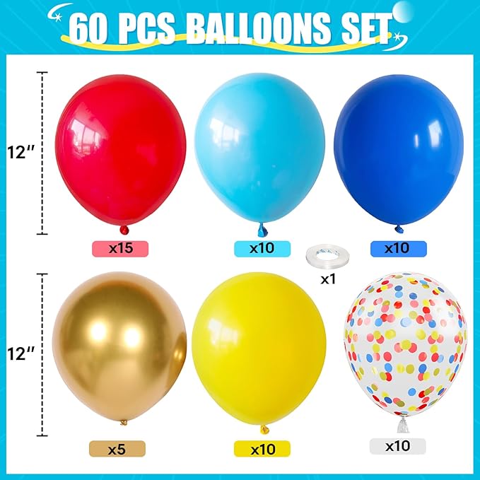 Carnival Circus Balloon Kit, 60PCS 12 Inches Red Yellow Blue Balloons Carnival Helium Balloon with Confetti Latex Balloons for Kids Boys Baby Shower Birthday Party Decoration Supplies