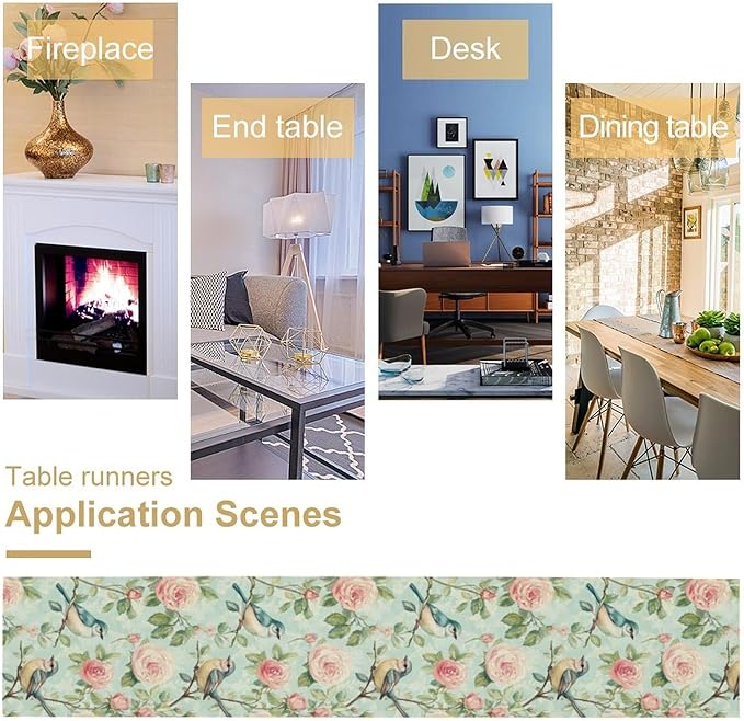 Spring Bird Floral Table Runner,Birds Table Runner Burlap Table Decoration for Seasonal Home Kitchen Dining Dinner Indoor Holiday Farmhouse Decor 13x108 in