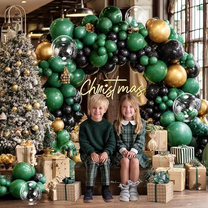 Dark Green Black Balloon Arch Double Stuffed Emerald Hunter Green Black Gold Balloon Garland Kit for Birthday Baby Shower Christmas New Year Wedding Bridal Jungle Graduation Party Decor