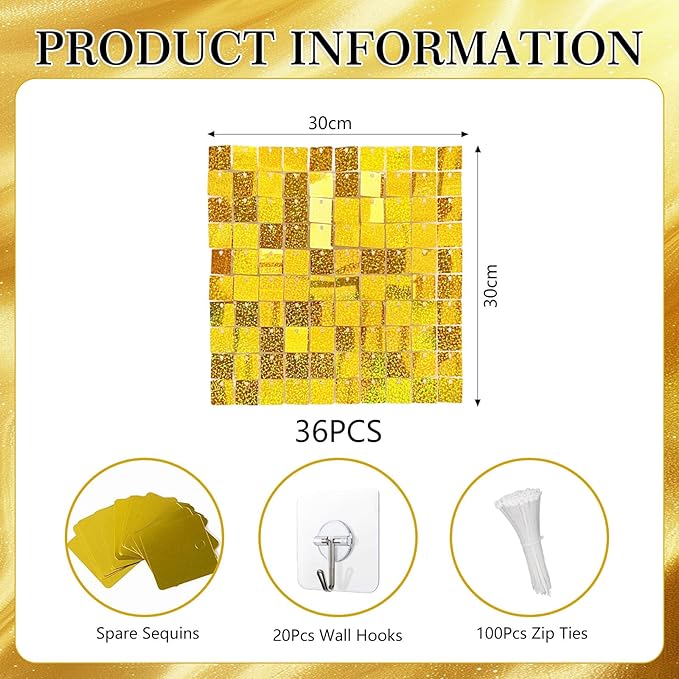 36 PCS Gold Shimmer Wall Backdrop, Laser Square Sequin Photo Backdrops Panel, Glitter Wall Background for Birthdays, Weddings, Halloween, Engagements, Disco Bachelorette Party Decoration (6FTx6FT)