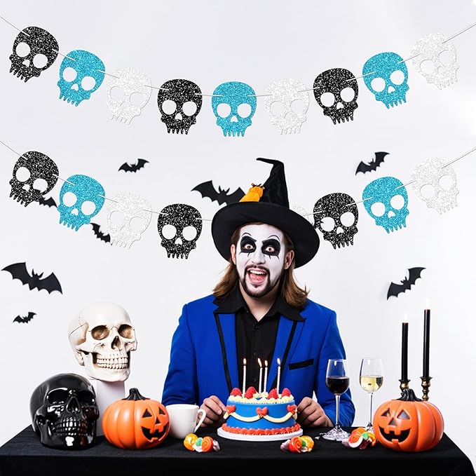 2PC Black/Silver/Blue Skull Garland for Halloween Party Decorations Glitter Skull Banner for Boy/Men Gothic Birthday Decorations Supplies