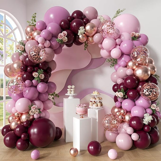 Retro Burgundy Balloon Arch Kit, 171Pcs Double-stuffed Dusty Pink Lavender Rose Pink Rose Gold Confetti Balloons for Baby Bridal Shower Wedding Engagement Birthday Party Decorations