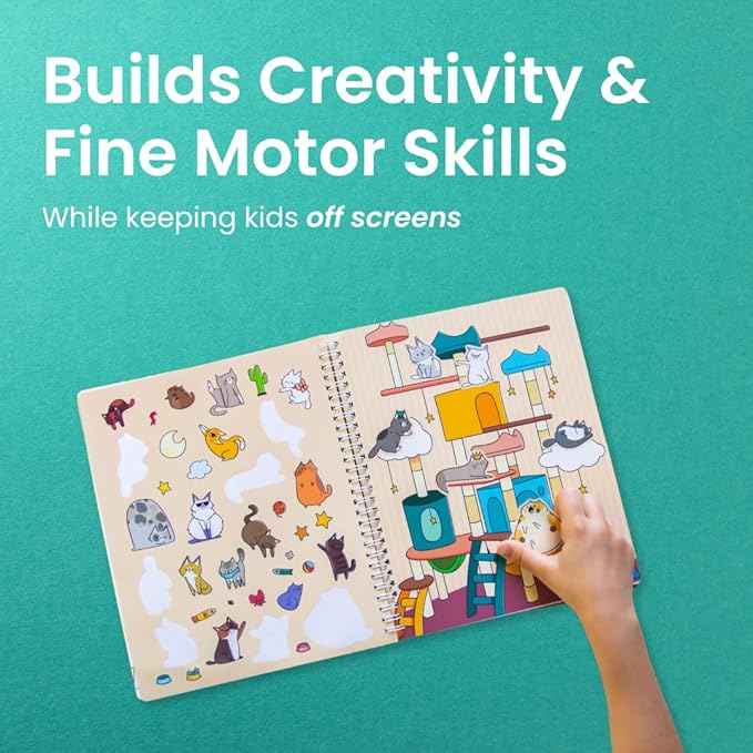 Cupkin Cat Sticker Book Activity for Kids, Toddler Airplane Travel Essentials, 300+ Kitten Stickers for Kids + 8 Scenes + Coloring Book Pages, Cat Lover Gift, Children's Crafts Ages 2-8