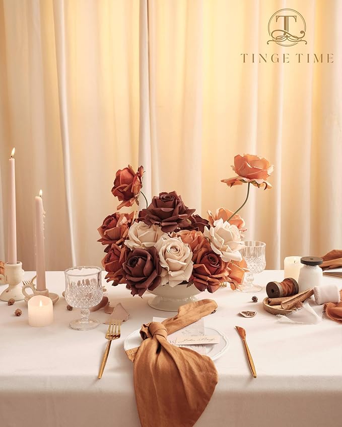 TINGE TIME Artificial Flowers Combo Box Set 16PCS Fake Rose Silk Flower with Stem for DIY Wedding Bouquets Centerpieces Baby Shower Party Home Fall Decoration (Gradient Burnt Orange)