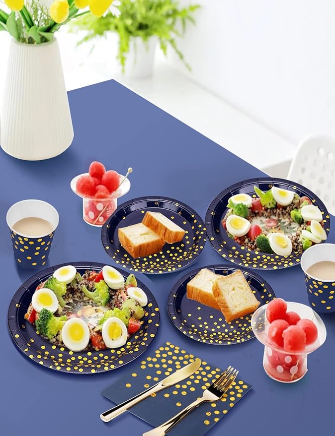141 Pieces Navy Blue Gold Party Supplies, Disposable Party Decorations Sets Include Paper Plates Napkins Cups, Plastic Forks Knives Spoons, for Baby Shower Birthday Wedding -20 Guests
